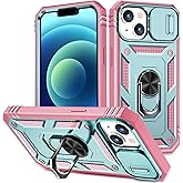 Fetrim Case for iPhone 15, Camera Cover Phone Case with Rotation Ring Stand for Apple iPhone 15 - Green Pink
