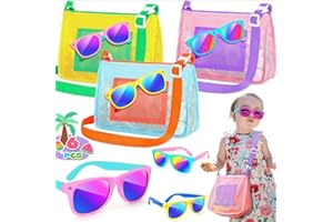 GIFTINBOX Beach Toy Mesh Bag, 3 Pcs Mesh Bag with 3 Pcs Kids Sunglasses Bulk, SeashellBag with neon Sunglasses, Beach Accesso