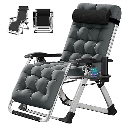 DoCred Zero Gravity Chair, Lawn Recliner, Reclining Patio Lounger Chair, Folding Portable Chaise with Detachable Soft Cushion, Cup Holder, Headrest