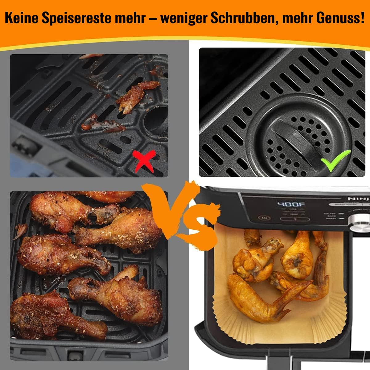 100 Stück Backpapier für Ninja Foodi MAX Dual Zone Heißluftfritteuse [AF300EU] [AF400EU] [AF500EU] 20 x 14 cm Antihaft Wasserdicht Ölfest Spritzschutz Air fryer Zubehör für Doppelkammer Luftfritteuse 6