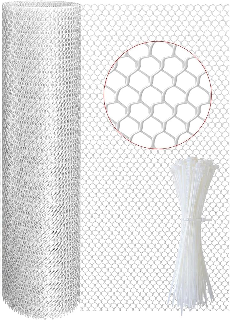 TOYPOPOR 16in x 15ft Plastic Chicken Wire Mesh with 20 Zip Ties