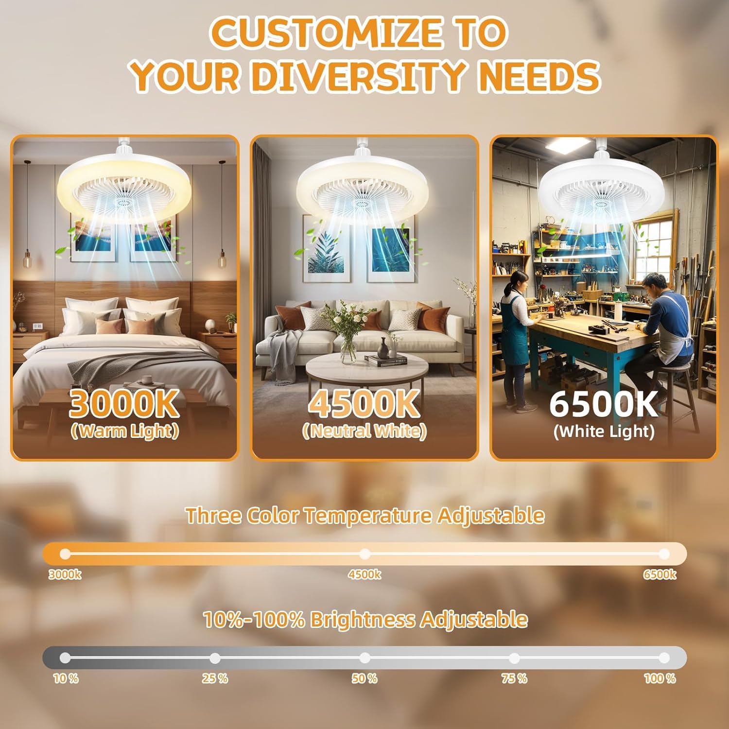 Ceiling Fan with LED Lights,E27 30W Noiseless Ceiling Lamp with Fan and Remote,1/2/4H Timing,3 Color Dimmable LED,3 Speeds Led Ceiling Fans for Bedroom Living Room Dorm