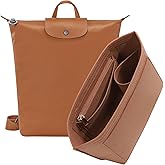 Purse Organizer Insert for Longchamp Le Pliage M Backpack, Felt Lightweight Long Champ Medium Backpack Divider Shaper with Cup Holder,Zipper Bags Inner Linner with 7 Deepened Pockets,M/Gold-brown