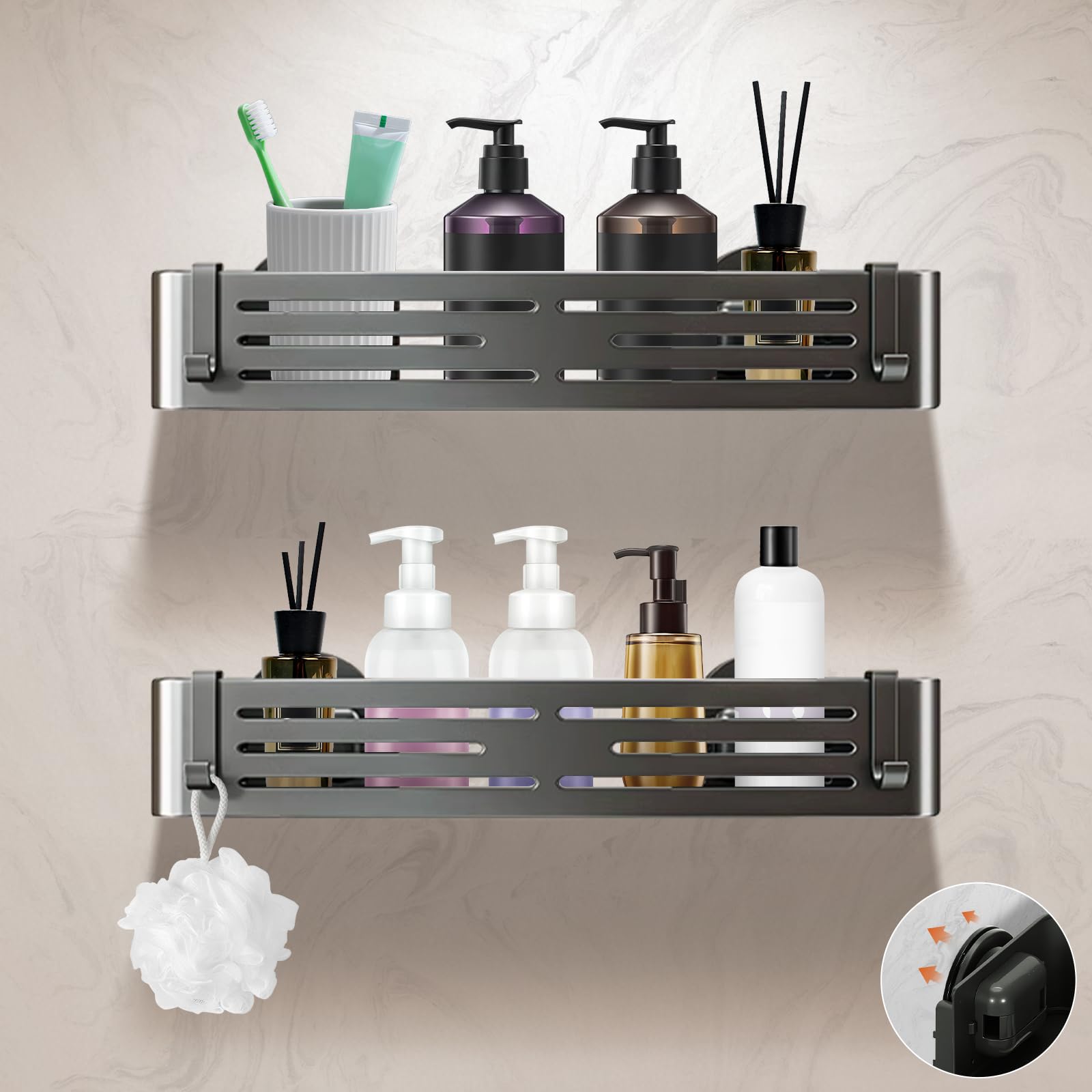 Lekesky Suction Shower caddy, Shower Shelf No Drilling, Aluminum Rustproof Black Bathroom Accessories, Removable Waterproof Bathroom Wall Shelf Shower with 12 Hooks