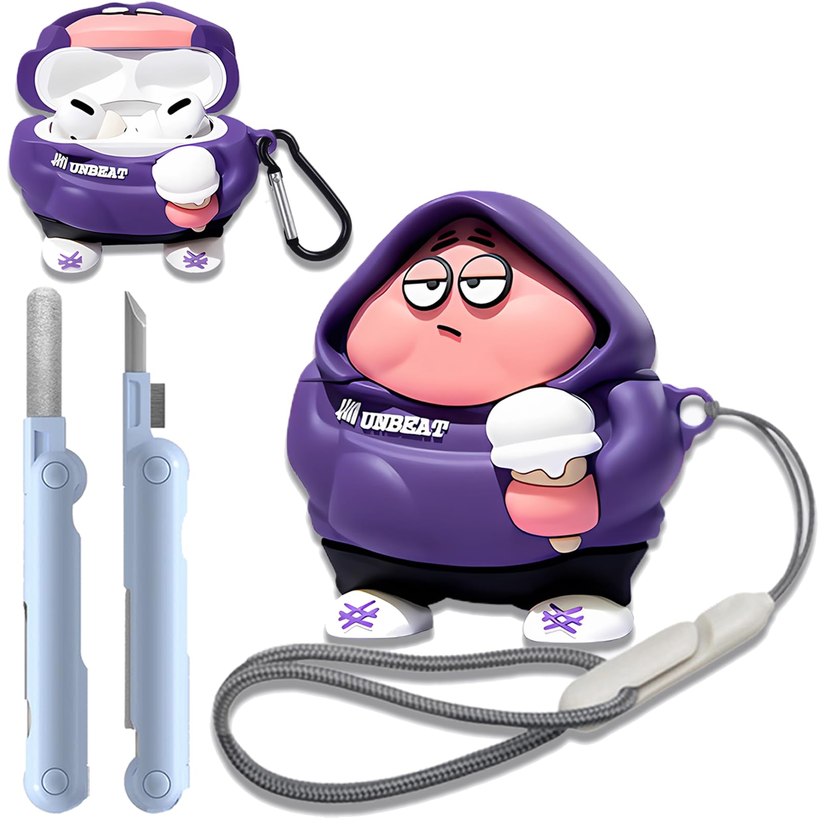 Photo 1 of rvesce Cute Cartoon 3D Silicone Case AirPods Pro 2nd/1st Generation case with Keychain and Lanyard Cleaner kit Characters Design for Kids Boys Girls (Purple)