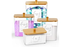 COAZEX 4 Pack Laundry Pods Container & Dryer Sheet Holder, Square Plastic Laundry Room Organization and Storage Jars with Lids & Labels for Detergent, Powder, Scent Booster, Beads