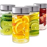 Juice Bottles - 4 Pack Wide Mouth Glass Bottles with Lids - for Juicing, Smoothies, Infused Water, Beverage Storage - 10oz, BPA Free, Stainless Steel Lids, Leakproof, Reusable, Borosilicate