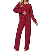 Blooming Jelly Womens Cute Pajama Sets 2 Piece Lounge Set Long Sleeve Ribbed Fleece Fall Loungewear Pockets (S, Red)