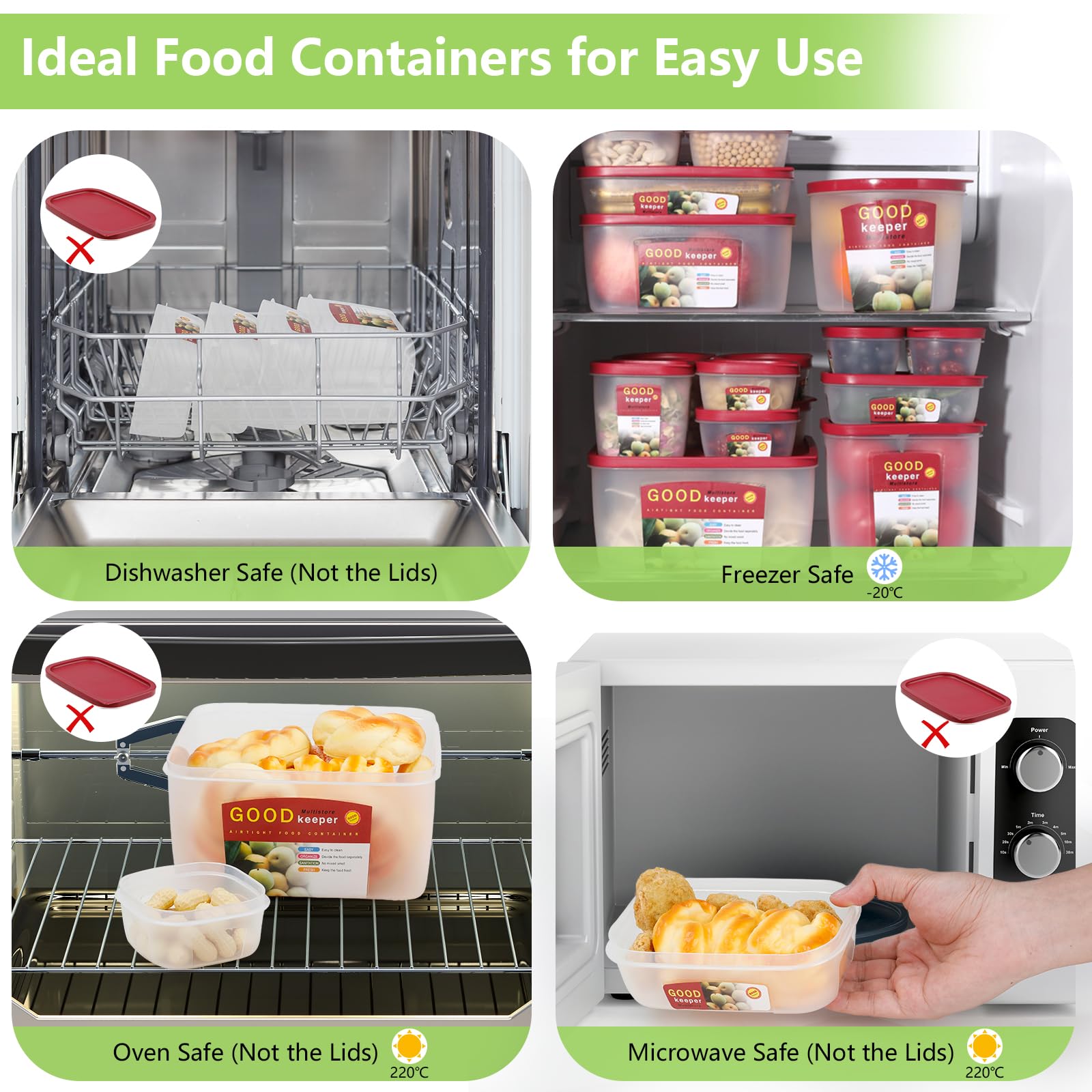 Cozary 5-teiliges PE Frischhalteboxen Set mit Deckel, Mikrowellen Gefriersicher, BPA-frei Food Container, Frischhaltedosen für Meal Prep, Vorratsdosen & Gefrierbehälter 5