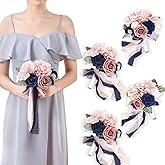TINGE TIME 7inch Wedding Bouquets for Bridesmaid, Artificial Flowers Cascading Bridal Bouquet for Wedding (Dusty Rose & Navy Blue, Set of 4)