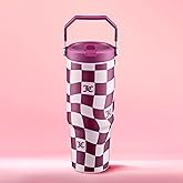 Juicy Couture Flip & Sip Insulated Tumbler with Handle and Straw, 30 oz, Pink Wavy Check