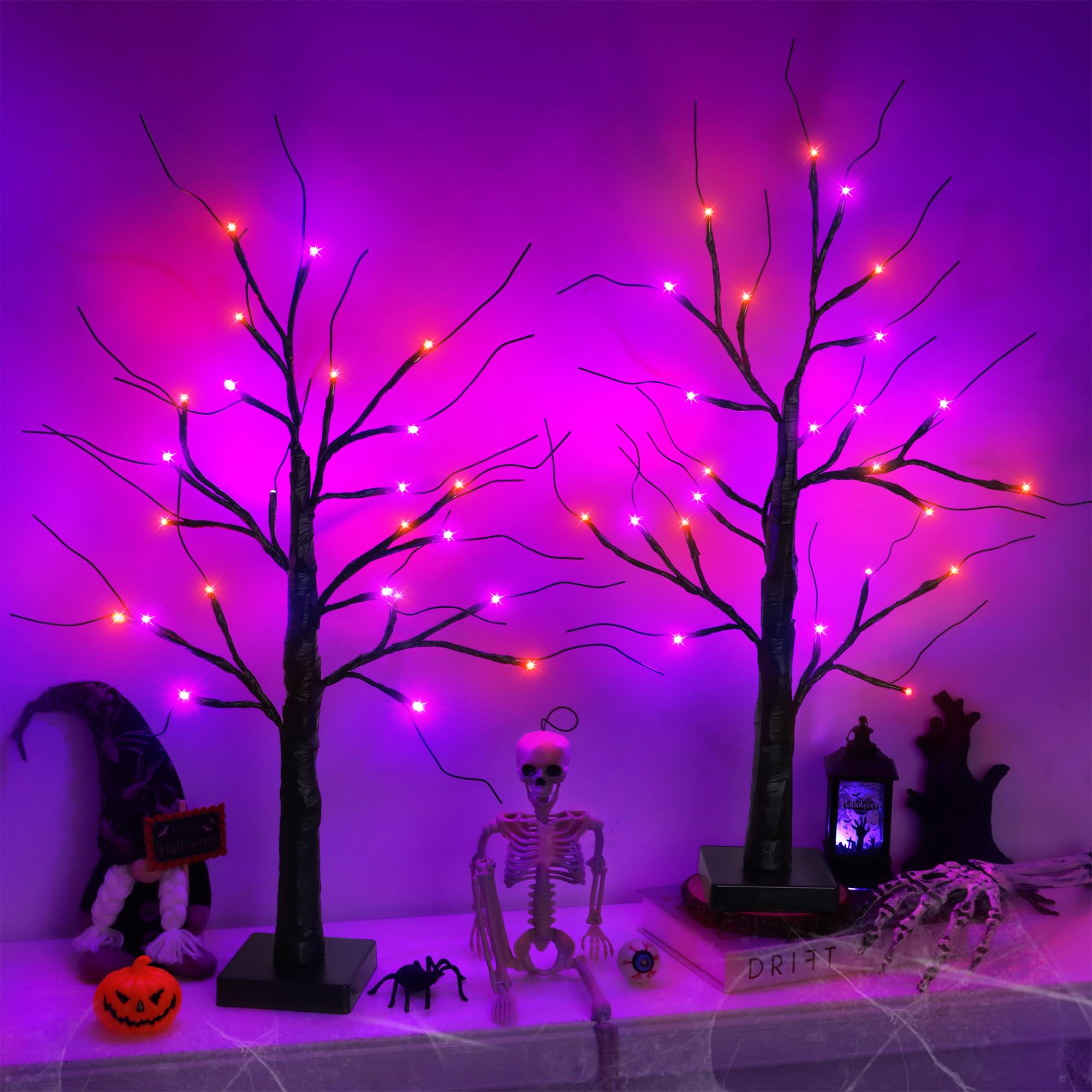Photo 1 of ***Both  Up***2 Pack 24 Inch Black Halloween Tree with 24 LED Orange Purple Lights, USB/Battery Operated Halloween Table Decorations Tree Light with Timer, Scary Halloween Decorations Indoor for Home Party Decor***BOTH LIT UP**