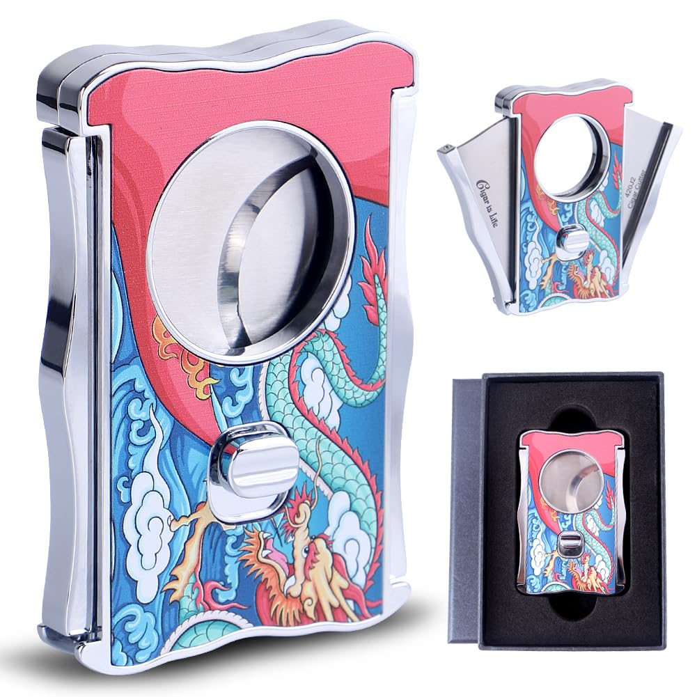 KEENSUN-Zinc Alloy Guillotine Stainless Steel Double Blade Dragon-Patterned Cigar Cutter with One Push Lock System,60 Ring Gauge,420J2 Stainless Steel Scalloped Cutting Blade with Gift Box