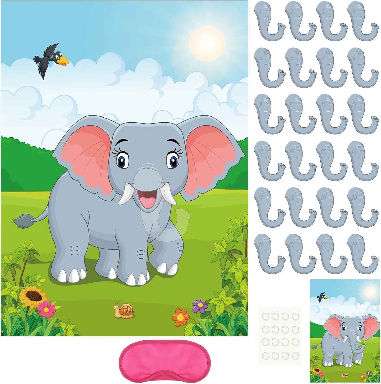 PLULON Pin the Nose on the Elephant Party Game with 24Pcs Elephant Nose Stickers for Birthday Party Supplies, Animal Party Carnival Party Supplies
