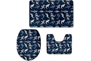 Xhuibop Cute Shark Bathroom Entrance Floor Door Mat Toilet Seat Cover and Pedestal Rug Set 3 PCS U-Shaped Toilet Mat Absorbent Water