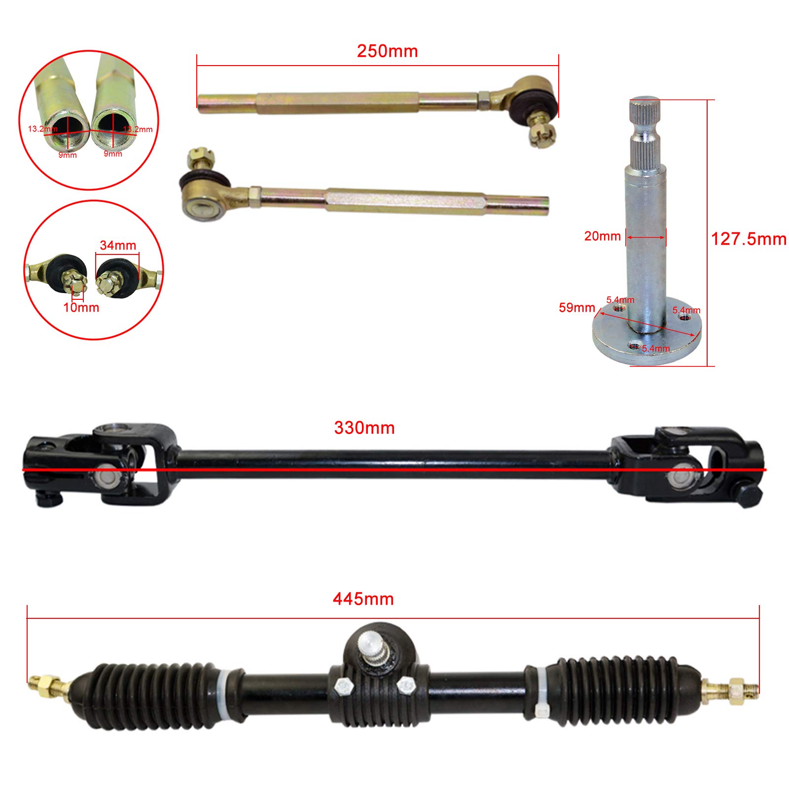 FLYPIG Go Kart Steering Shaft Tie Rods Rack Kit 110cc 140cc