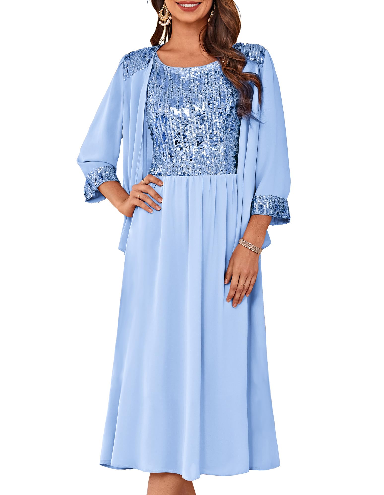 Photo 1 of GRACE KARIN Women's Formal Dress 2025 Wedding Guest Dresses with Shawl Shrug Evening Gown Tea Length Light Sky Blue XXL