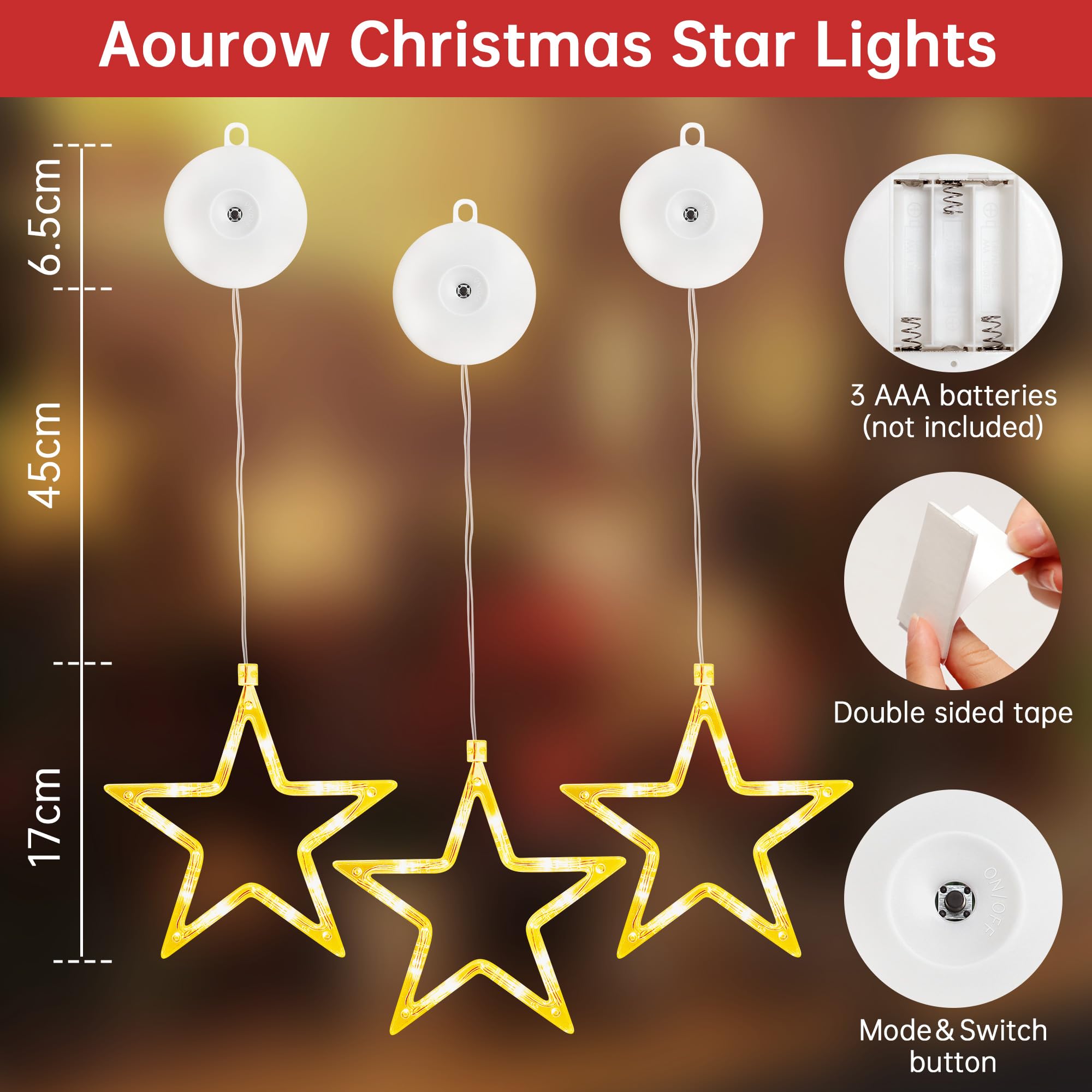 Aourow 3 Stück LED Sterne Weihnachtsbeleuchtung, Weihnachtsdeko Fenster Batteriebetriebene mit Doppelseitiges Klebeband,2 Modi Warmweiß Weihnachtsstern Innen für Weihnachten, Fest,Party,Hochzeit