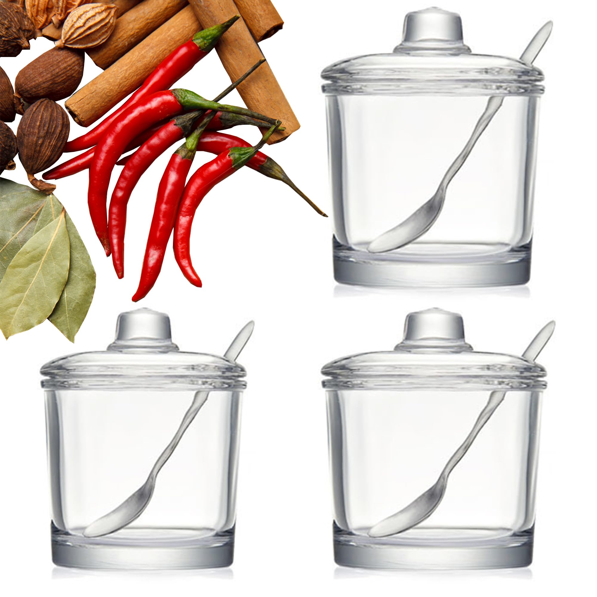 MINGZE 185ml Transparent Sugar Bowl (3 Pieces) with Transparent lid and Spoon, Suitable for Homes and Kitchens