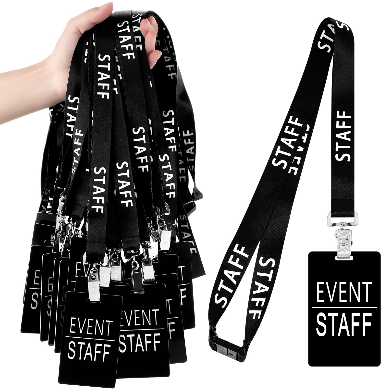 Photo 1 of Qilery 50 Set Event Staff Lanyards with PVC Cards Lanyard Pass Staff Cards with Metal Swivel Hook for Concert Event Party Organizer Conference Party Office Supplies(Black)