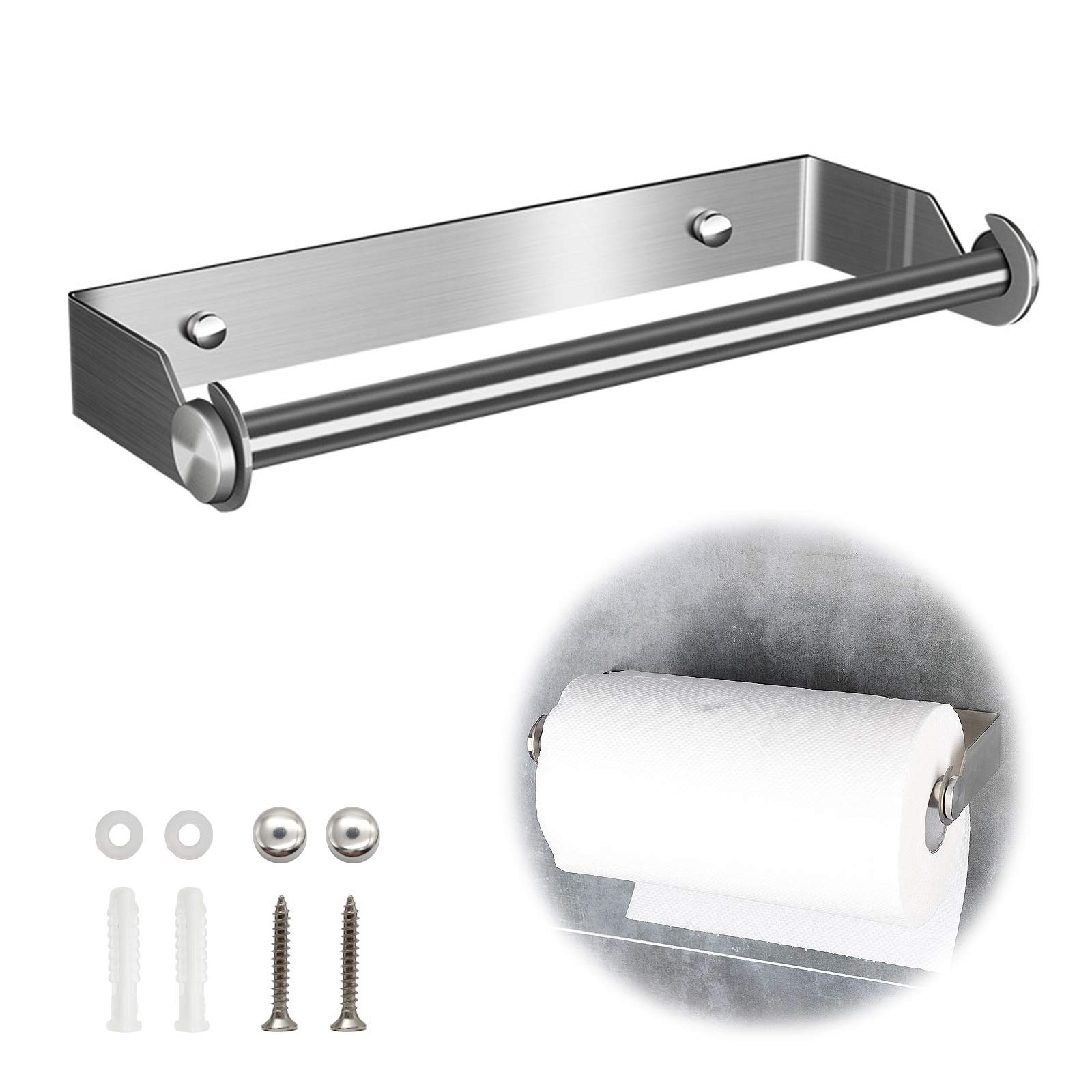 Kitchen Roll Holder Paper Towel Holder Wall Mounting Towel Rack Tissue Roll Stainless Steel Wall Mounted Paper Rack Under Cabinet Dispenser for Home Bathroom Cabinet Toilet Sink Hotel Silver