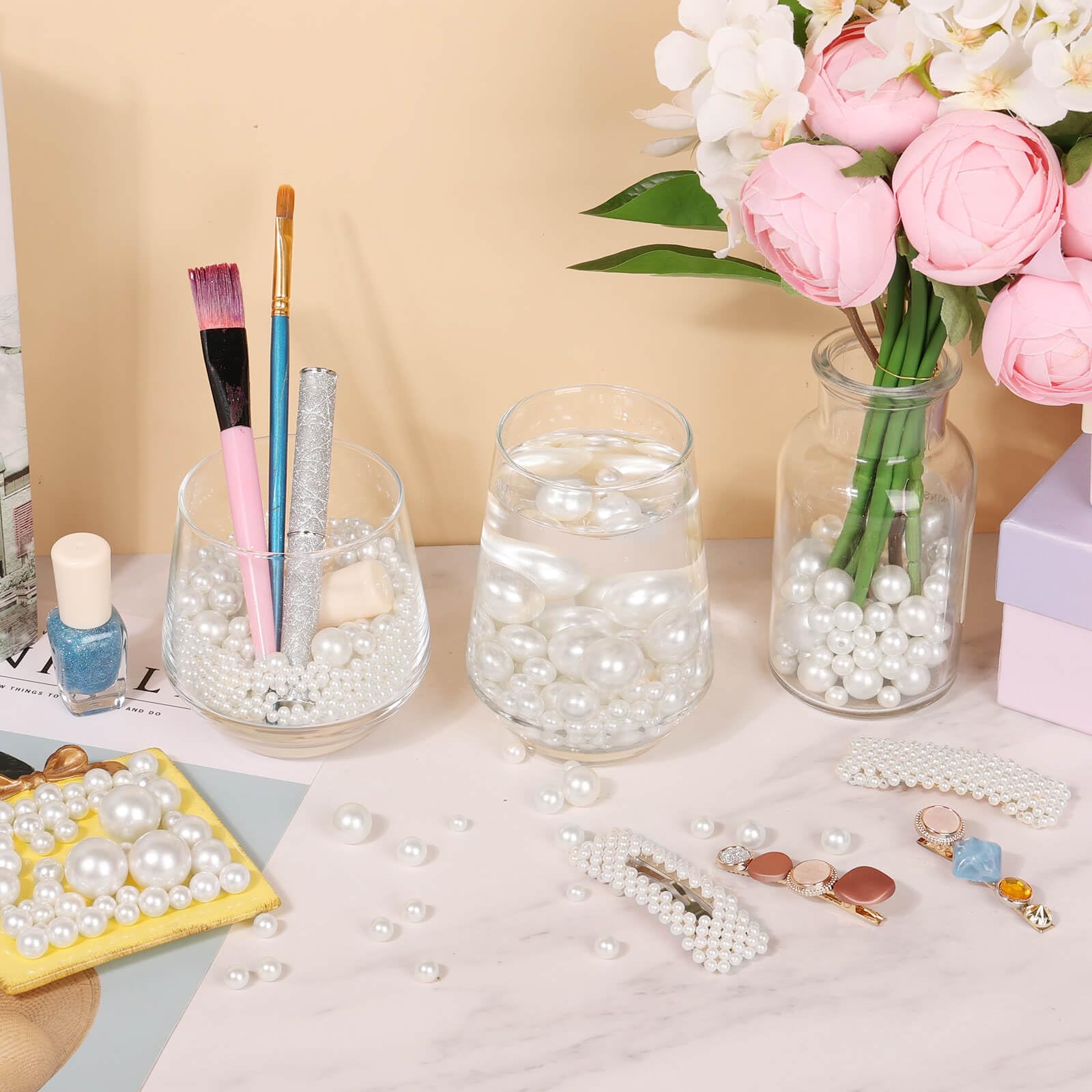 1470PCS Pearls for Crafting, Assorted Sizes Ivory No Hole Pearl Beads,Fake Pearls, Bulk for Floating Candles, Decoration, Vase Filler and Centerpieces
