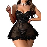Foxiny Sexy Ruffle Floral Skirt Underwire Mesh Sheer Lace Babydoll Lingerie Dress with Thong 2 Piece
