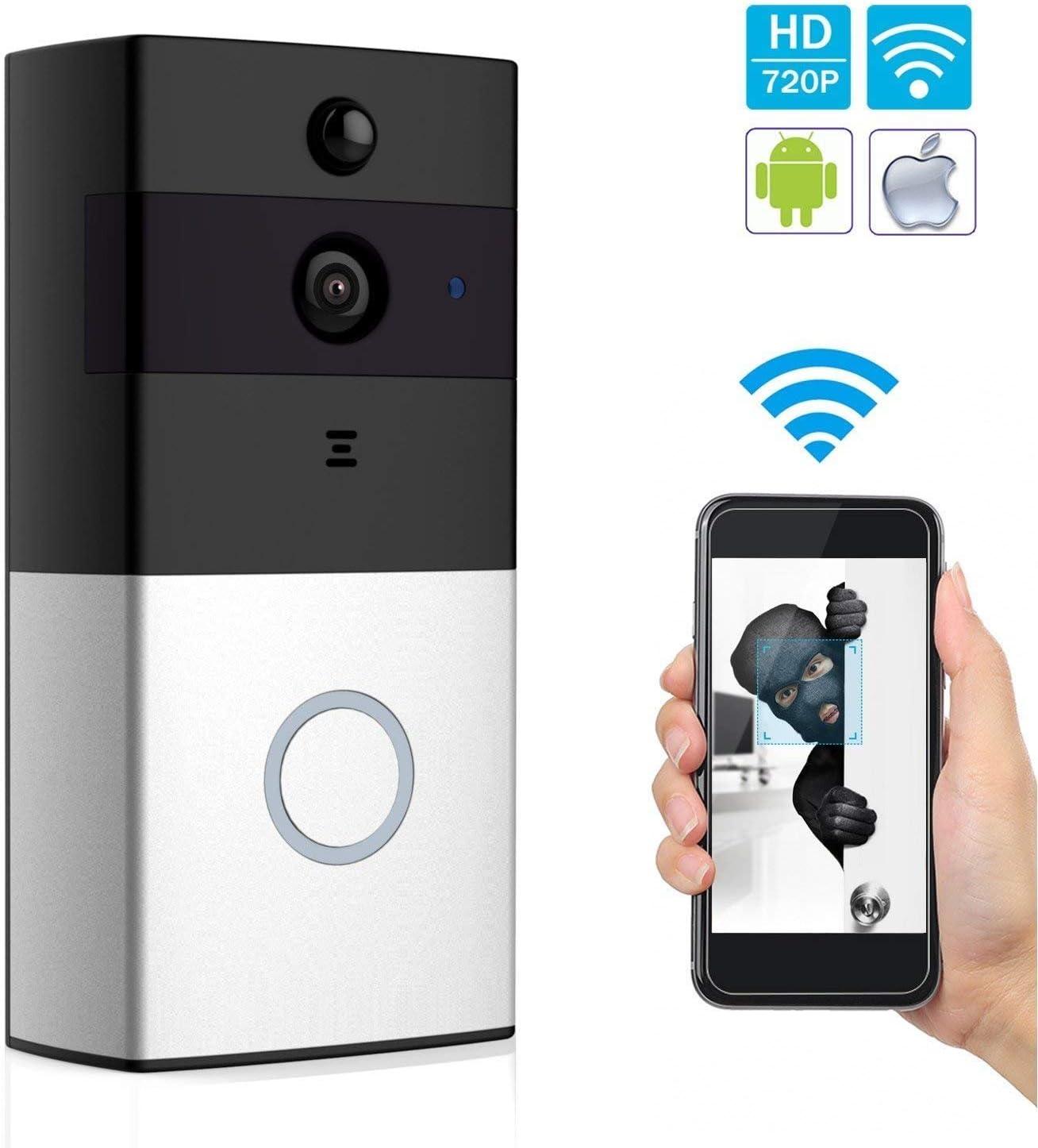 MOZEEDA Wireless Video Doorbell, Doorbell Camera, Waterproof HD 720P Security Camera Real-Time Video PIR Motion Detection Video Storage, Night Light (Battery not include)