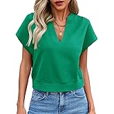 Fisoew Womens Cropped Tops Summer V Neck Cap Sleeve Casual Loose Fit T Shirts