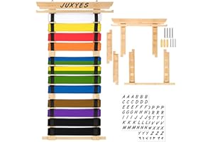 JUXYES Wall Hanging Martial Arts Belts Organizer for 8 12 Belts with Medal Hanger and Stickers, Bamboo Karate Belt Display Holder Rack, Taekwondo Belt Display Holder for Martial Arts Learners