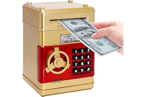 Piggy Bank for Girls and Boys, PhilaeEC Gold Electronic Mini ATM for Kids Toy, Safe Coin Banks Money Saving Box Password Code Lock for Children, Auto Scroll Paper Money Bank