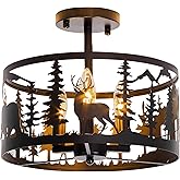 Rustic Semi-Flush Mount Ceiling Light Fixture,3-Light E12 Base Black Round Farmhouse Metal Light Fixtures for Kitchen, Hallwa