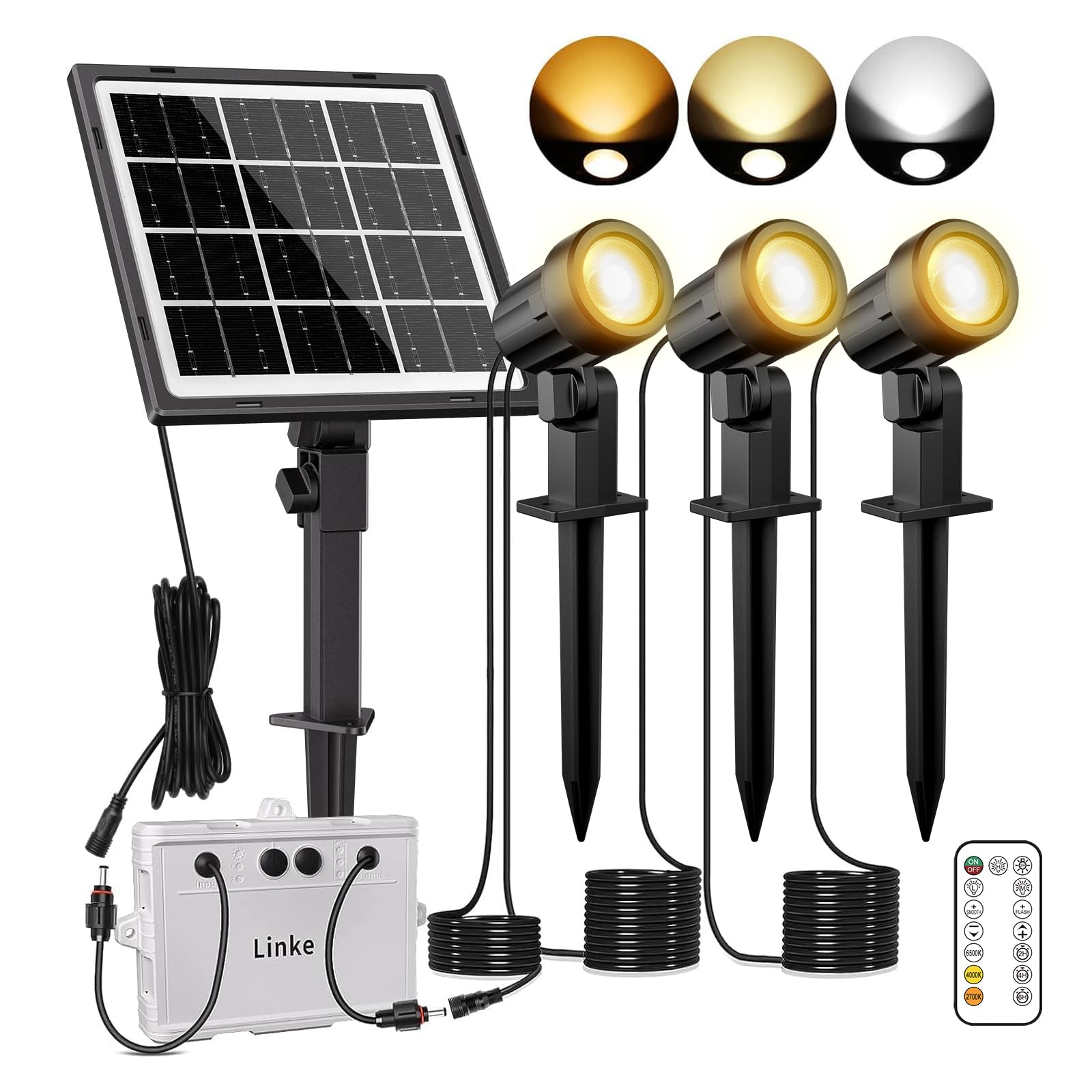 Linke Solar Powered Spot Lights, 2700K/4000K/6500K Adjustable 3 in 1 Landscape Spotlights IP66 LED Spike Lights Outdoor Garden Solar uplighters for Yard Path Tree Gazebo Lawn