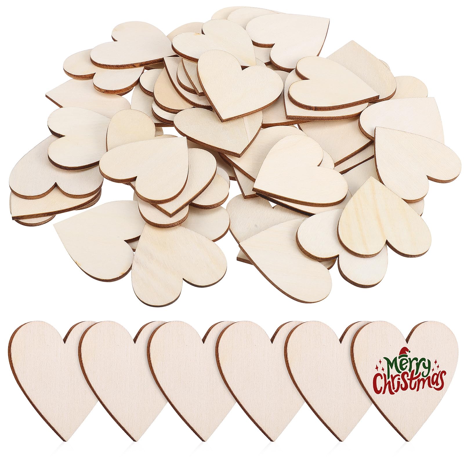 NUOBESTY 50pcs Blank Wooden Heart Cutouts Unfinished Wood Love Shape Slices for Christmas Party Wedding Art Craft DIY Hanging Decorations