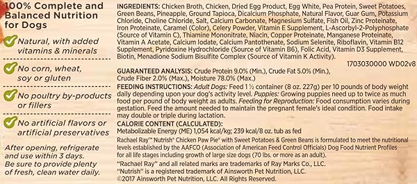 RACHAEL RAY NUTRISH PREMIUM NATURAL WET DOG FOOD, CHICKEN PAW PIE RECIPE, 8 OUNCE TUB