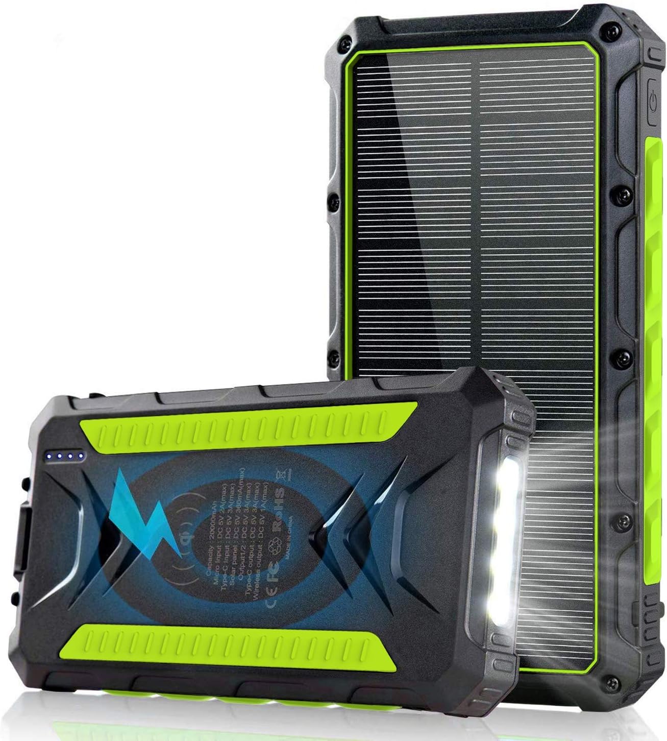 20000mAH Portable Solar Charger, Wireless Solar Power Bank Rainproof Camping Battery Pack with 3A Fast Charging 4 Outputs LED Flashlight Carabiner Type-C for Mobile Phone