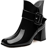 GUAVAIVY Women's Mid Heel Ankle Boots Square Toe Chunky Heel Short Boots Fashion Side Zipper Solid Patent Booties Comfortable Work Casual Boots