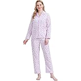 GLOBAL Women's 100% Cotton Pajama Set|Long-Sleeved with Pants PJs |Button Down Front Top&Drawstring Waist Bottom Nightwear