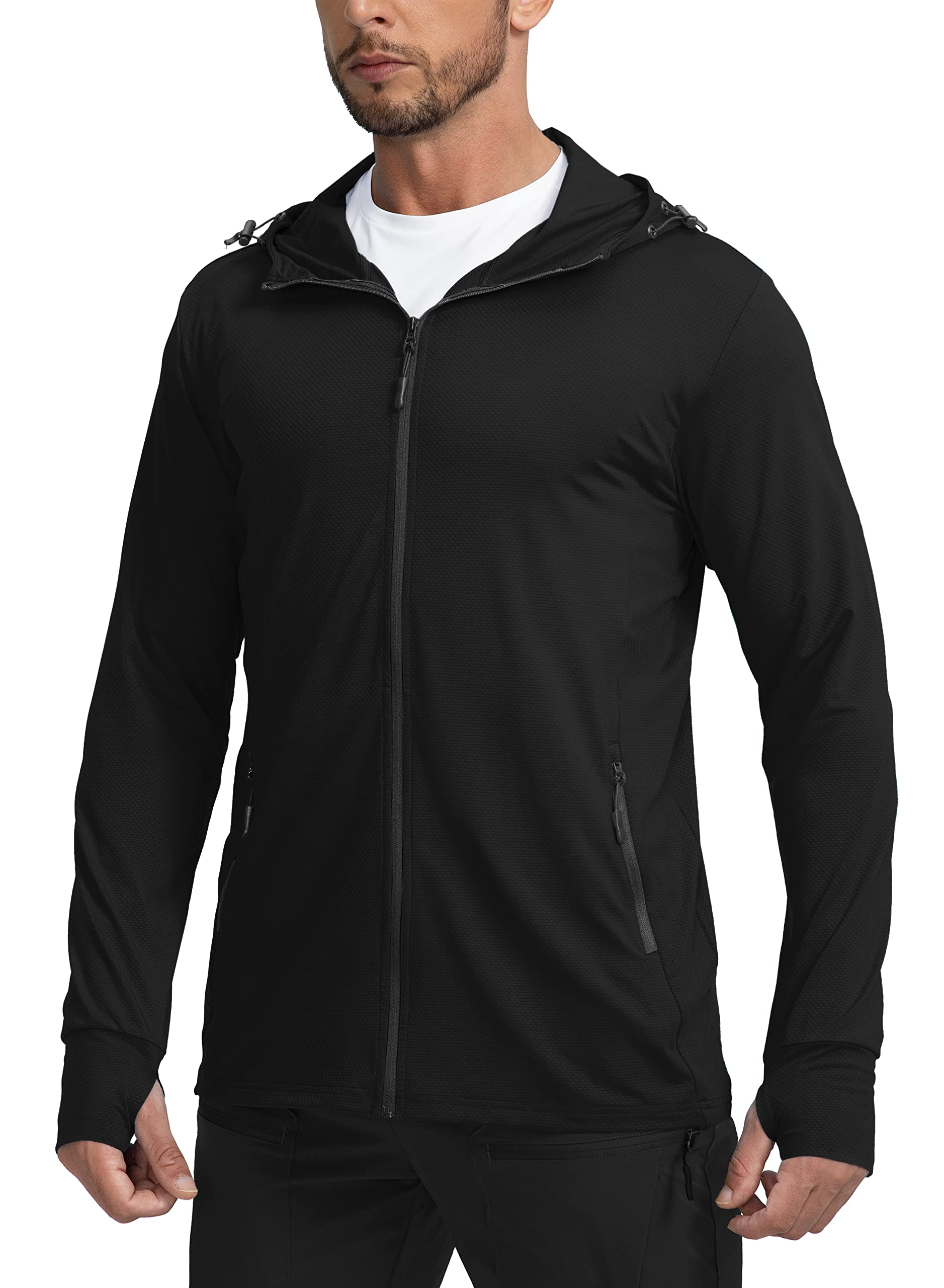 Photo 1 of Men's UPF 50+ Light Jacket Full Zip Sun Protection Hoodie Long Sleeve Sun Shirts for Men Hiking Fishing Zip Pockets(Black_M)