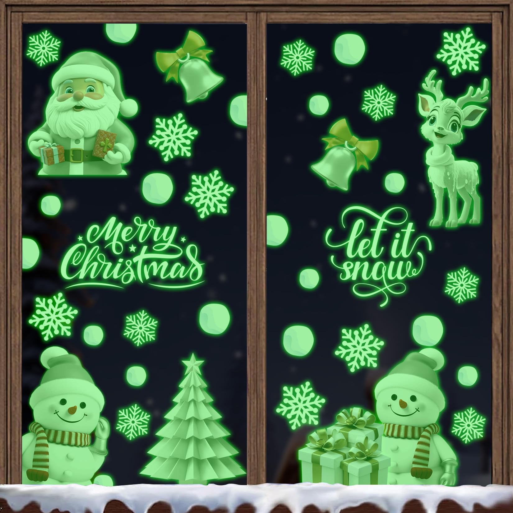 KAIRNE Christmas Window Sticker,Glow in The Dark Christmas Stickers,Santa Claus Window Decoration,Fluorescent Snowflake Snowman Window Decals,Christmas Tree Reindeer Wall Sticker for Winter Party
