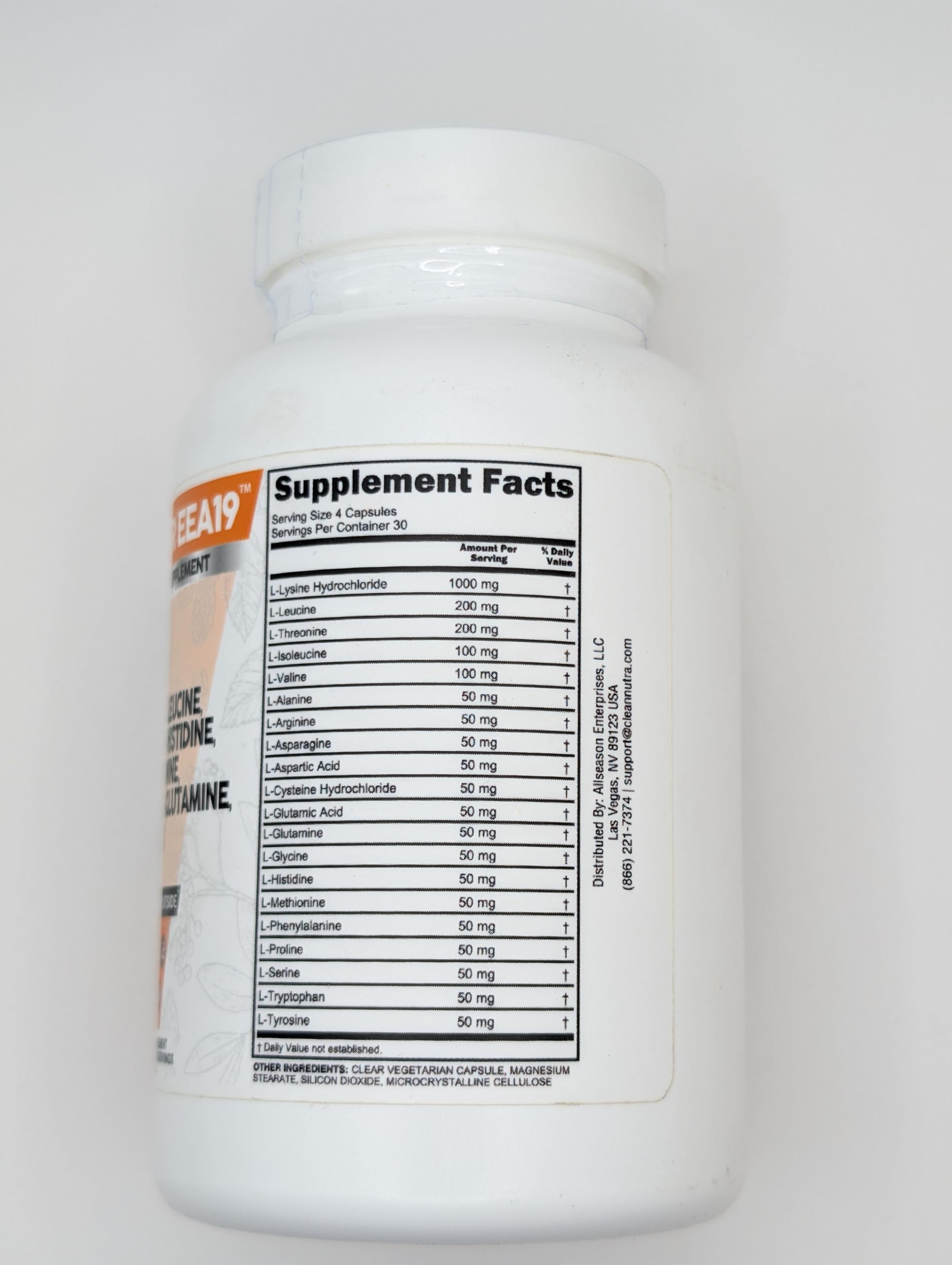 Clean Nutraceuticals Amino Acids Supplement L-Lysine, L-Threonine, L-Leucine, Isoleucine, Valine, L-Histidine, L-Tryptophan, L-Methionine, L-Arginine, L-Cysteine, L-Glutamine, L-Serine, Aspartic Acid