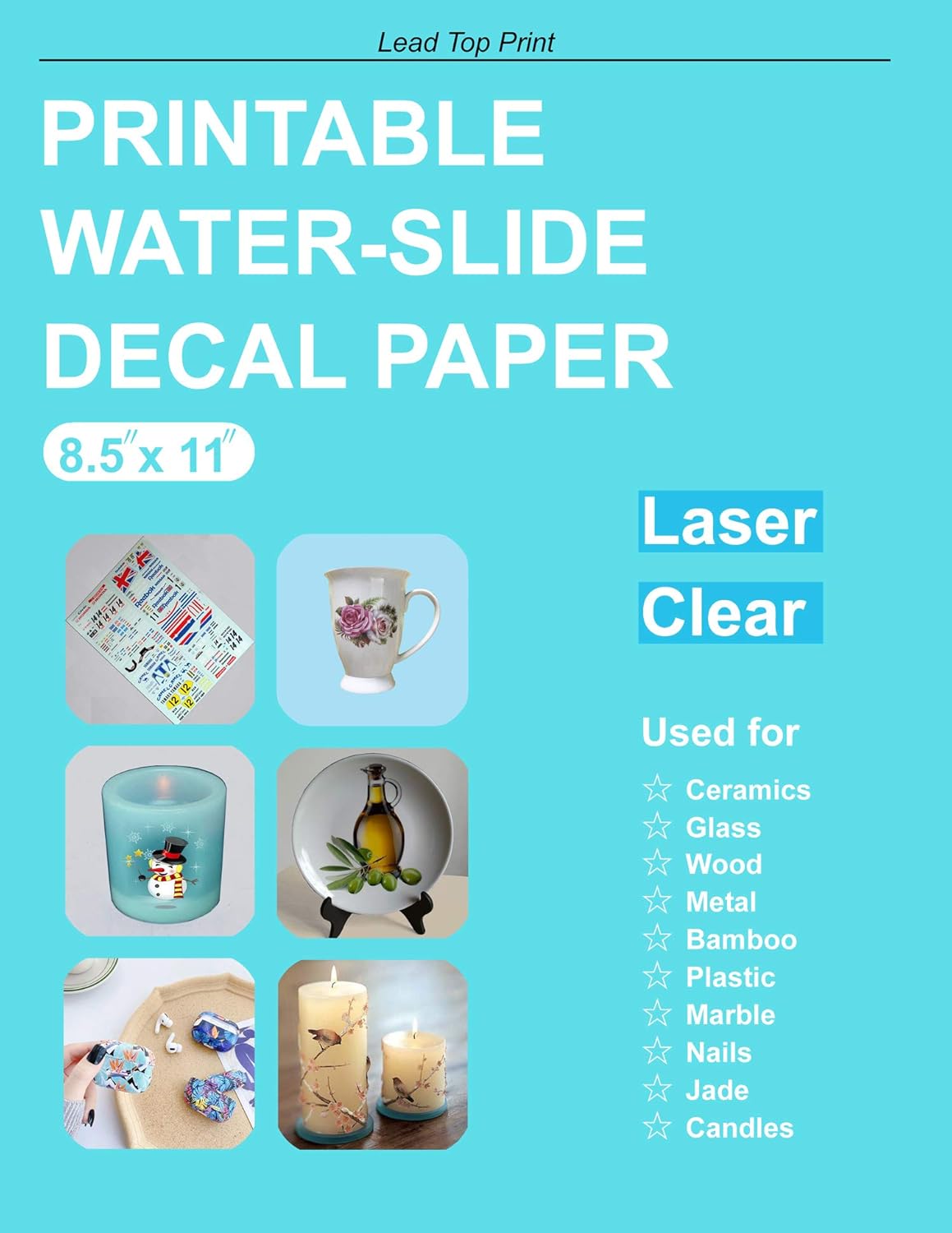 25 Sheets Printable Clear Water Slide Paper 8.5" x 11" Water Transfer Paper For Laser Printer No ...