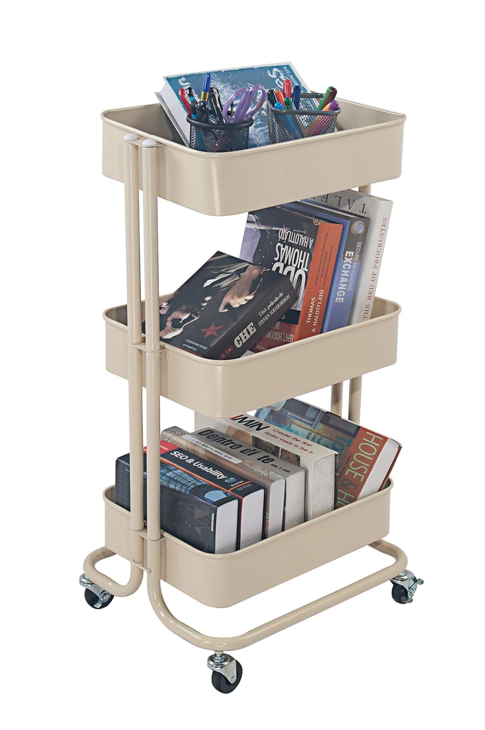 folding serving cart on wheels on Utility Carts 3 Tier Metal Rolling Utility Cart Storage Cart With Wheels Home Kitchen Bedroom Office Storage Trolley Serving Cart Mobile Storage Cart Beige Office Products