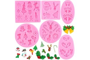 Mujiang Christmas Fondant Molds Snowflake Christmas Tree Bell Holly Leaf Reindeer Santa Chocolate Candy Silicone Molds For Xmas Birthday New Year Party Cake Decorating Gum Paste Polymer Clay Set Of 6