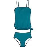 DONWEN Girls Blouson 2 Piece Tankini Swimsuits Loose Fit Modest Swimming Suit for Girls Side Tie Bathing Suit for 9-16 Years