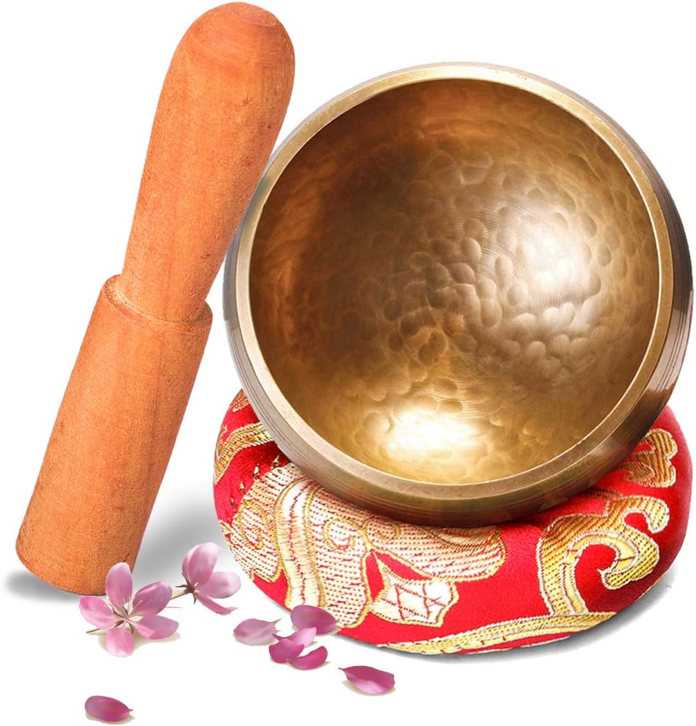 Singing Bowl, NASUM Tibetan Singing Bowl Set Hand Hammered Meditation Music Bowl~for Mindfulness Meditation, Relaxation, Stress, Anxiety Relief, Chakra Healing, Yoga, Zen~Perfect Spiritual Gift-9cm