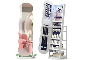 HNEBC 360° Swivel Jewelry Cabinet with Lights, LED Jewelry Armoire with Mirror, Wavy Wide Full-Length Mirror with Storage, Lockable Mirror Jewelry Cabinet Standing (White)