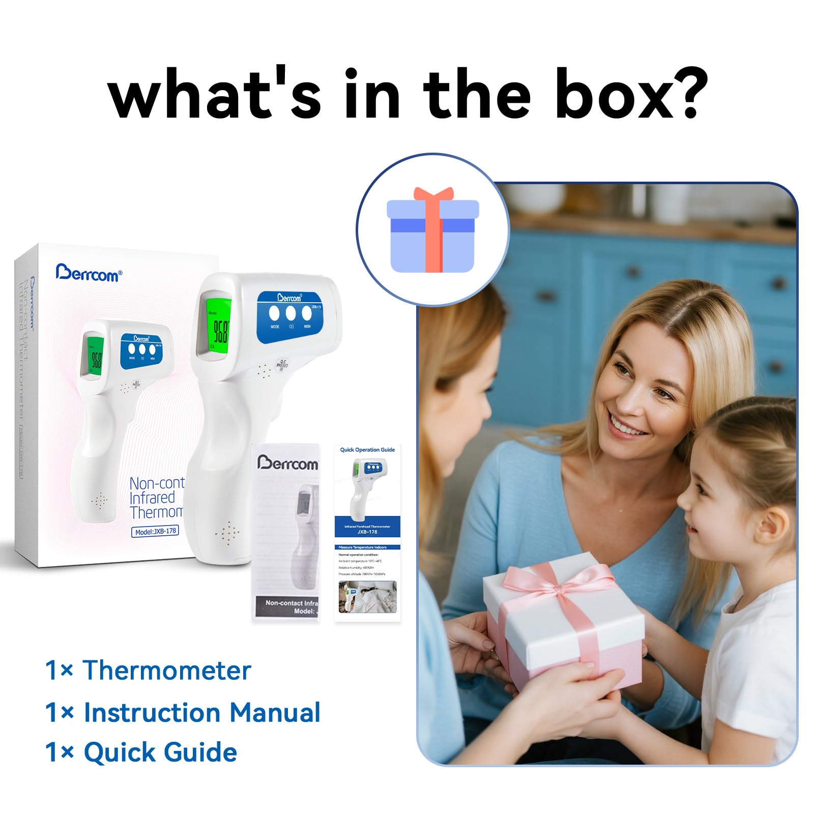 Berrcom Thermometer, 3 in 1 Contactless Infrared Fever Check Thermometer for Forehead, Ideal for Baby, Infant, Kids, and Adults, Batteries Not Included, JXB-178 (White)