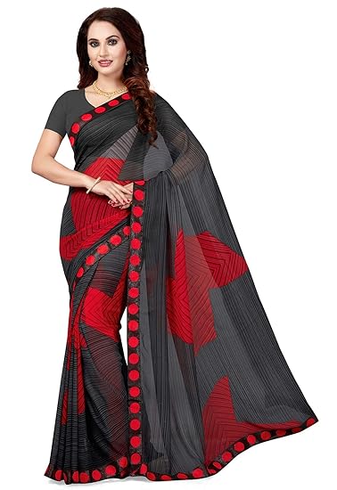 Poly Georgette Black Printed Women's Saree/Sari With Lace