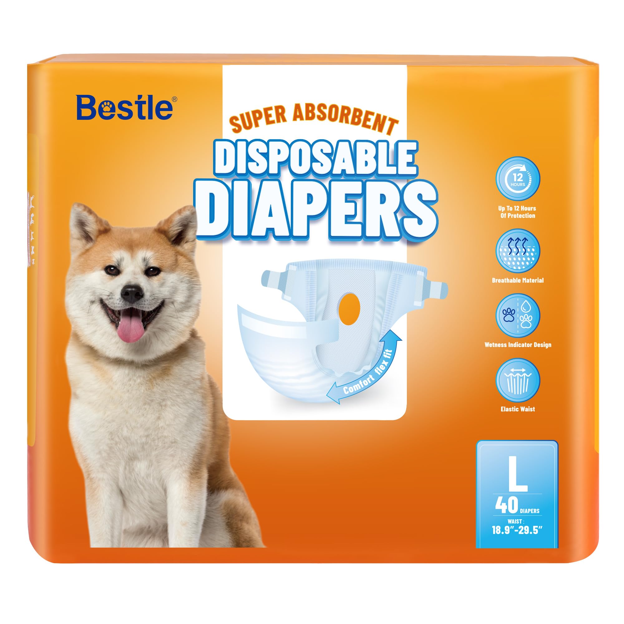 Photo 1 of Bestle Disposable Female Dog Diapers, 40 Count, L (Waist 26.8”-29.5”), Wetness Indicator, Ultra Protection, Leak Proof, Super Absorbent, Soft